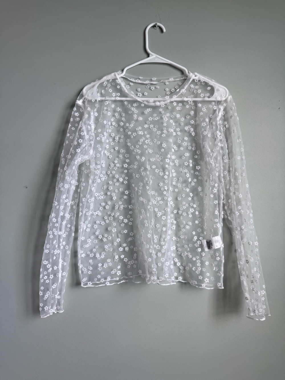 Sheer Floral Lace Long-Sleeve Top - White
